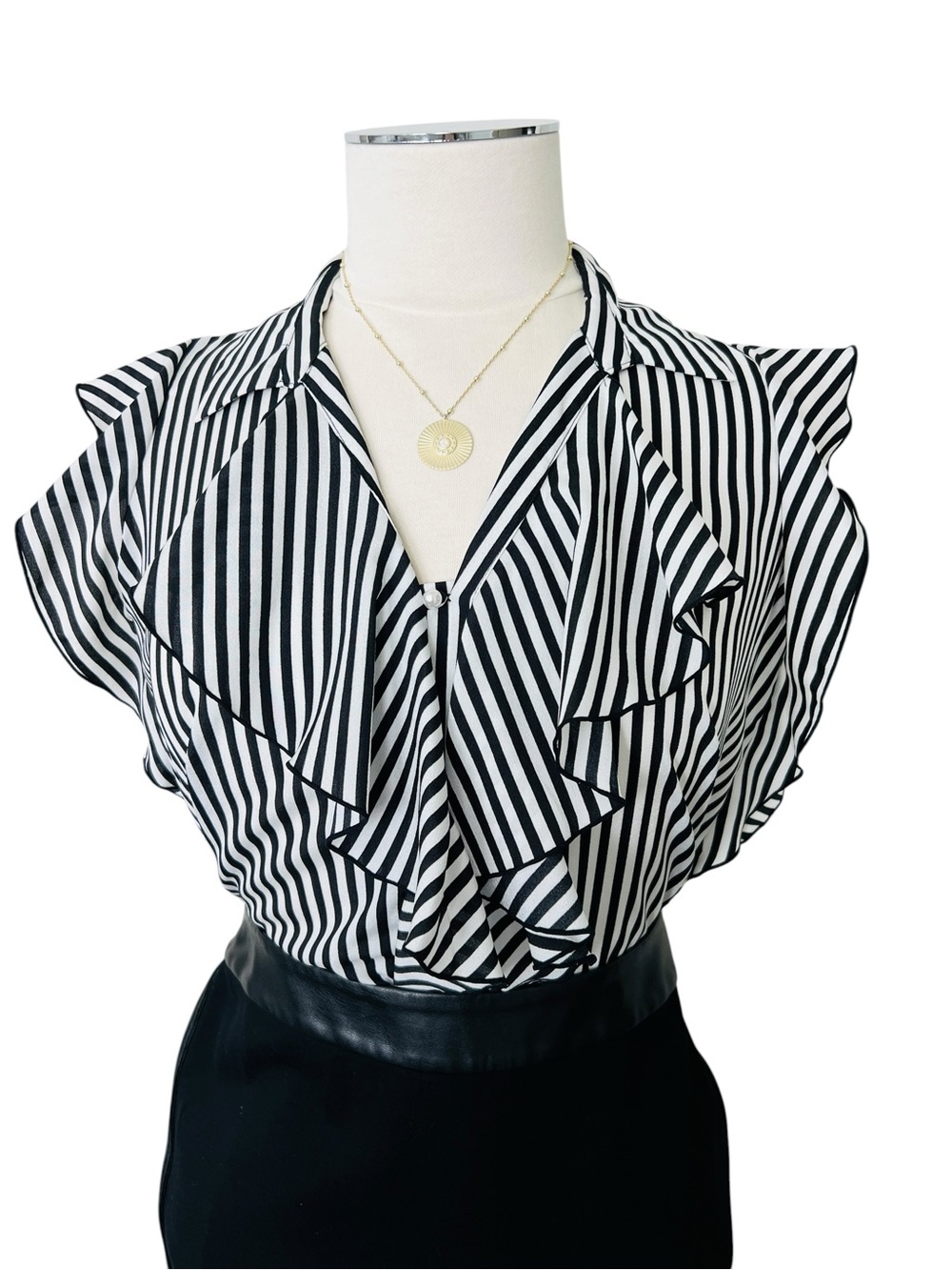Karl Lagerfeld Black and White Striped Ruffle Blouse Pearl Buttons Size Small